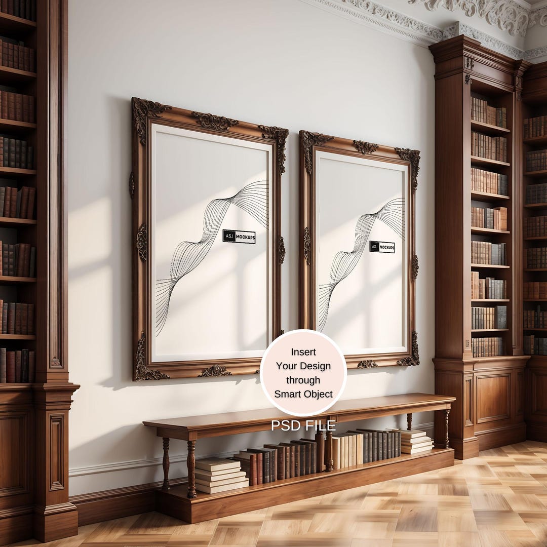 Library Frame Mockup, Elegant Wood Frame in Classic Study, Digital ...
