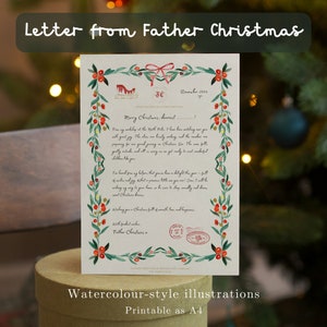 Carta ilustrada de Papá Noel / Carta imprimible a Papá Noel, acuarela, Polo Norte, correo de vacaciones, caja de Nochebuena, relleno de medias