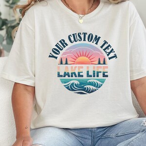 a woman sitting on a couch wearing a t - shirt that says your custom text