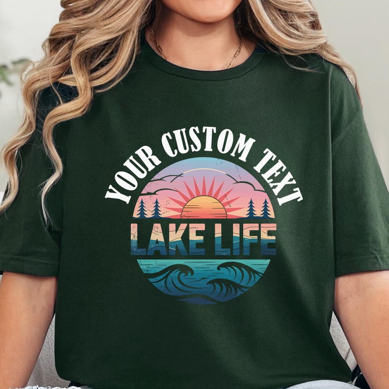 a woman wearing a green shirt that says your custom text lake life