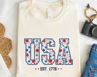 Floral USA Flag Shirt: Patriotic 4th of July Tee