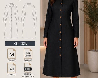 Button Down Midi Shirt Dress PDF Sewing Pattern | Timeless Woven Dress | Long Sleeve | Digital Download | XS–XXXL