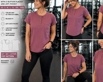Women's Relaxed Fit Henley T-Shirt Pattern | Knit Tee PDF | Patch Pocket | Short Sleeve | Instant Download, Tee Pocket Pattern Women PDF