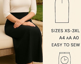 ストレートスカートの縫製パターン – バックベンツ付きハイウエストミディスカート | PDFパターンサイズ 34～50 | A4、A0、USレター、デジタルスカートパターン