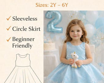 サークルドレスのPDF縫製パターン、フレアパーティーガールズドレスの縫製パターン、ノースリーブワイドスカートドレス、子供用縫製パターン、ブラウスPDF