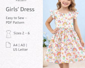織りPDF縫製パターン ギャザードレス、ギャザーキャップスリーブガールズドレスパターン、キッズデジタル縫製パターン、ラウンドネックベビーガールズドレス