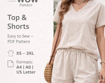 PDF ショートパンツ＆トップスセットの縫製パターン、デジタル縫製パターン（夏）、PDF Vネックトップと快適な伸縮性ウエストのショートパンツのパターン、織物2Pセット