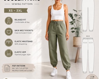 Women's Elastic Waist Jogger Pants PDF Pattern, Woven Sewing Pattern, Relaxed Fit, Side Pockets, Back Welt Pocket, XS-3XL