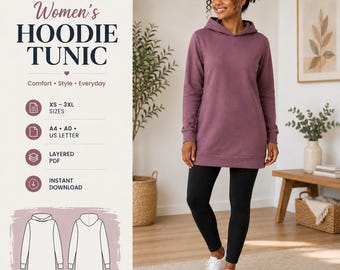 Women's Hoodie Tunic Sewing Pattern PDF, Long Sleeve Hooded Tunic, Knit Hoodie Pattern, Sweatshirt Dress Pattern, XS-3XL, A4 A0 Letter