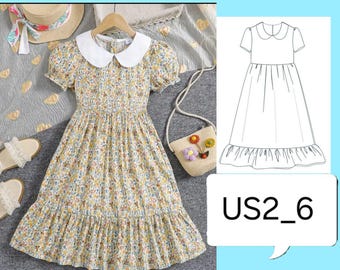 女の子用ギャザードレス PDF 縫製パターン、フリルカラー、パフスリーブ（サイズ 2～6）