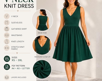 V Neck Knit Dress Sewing Pattern PDF | Sleeveless Gathered Dress | Knee Length | Stretch Knit Fabric | Women's XS–3XL | A4 A0 Letter