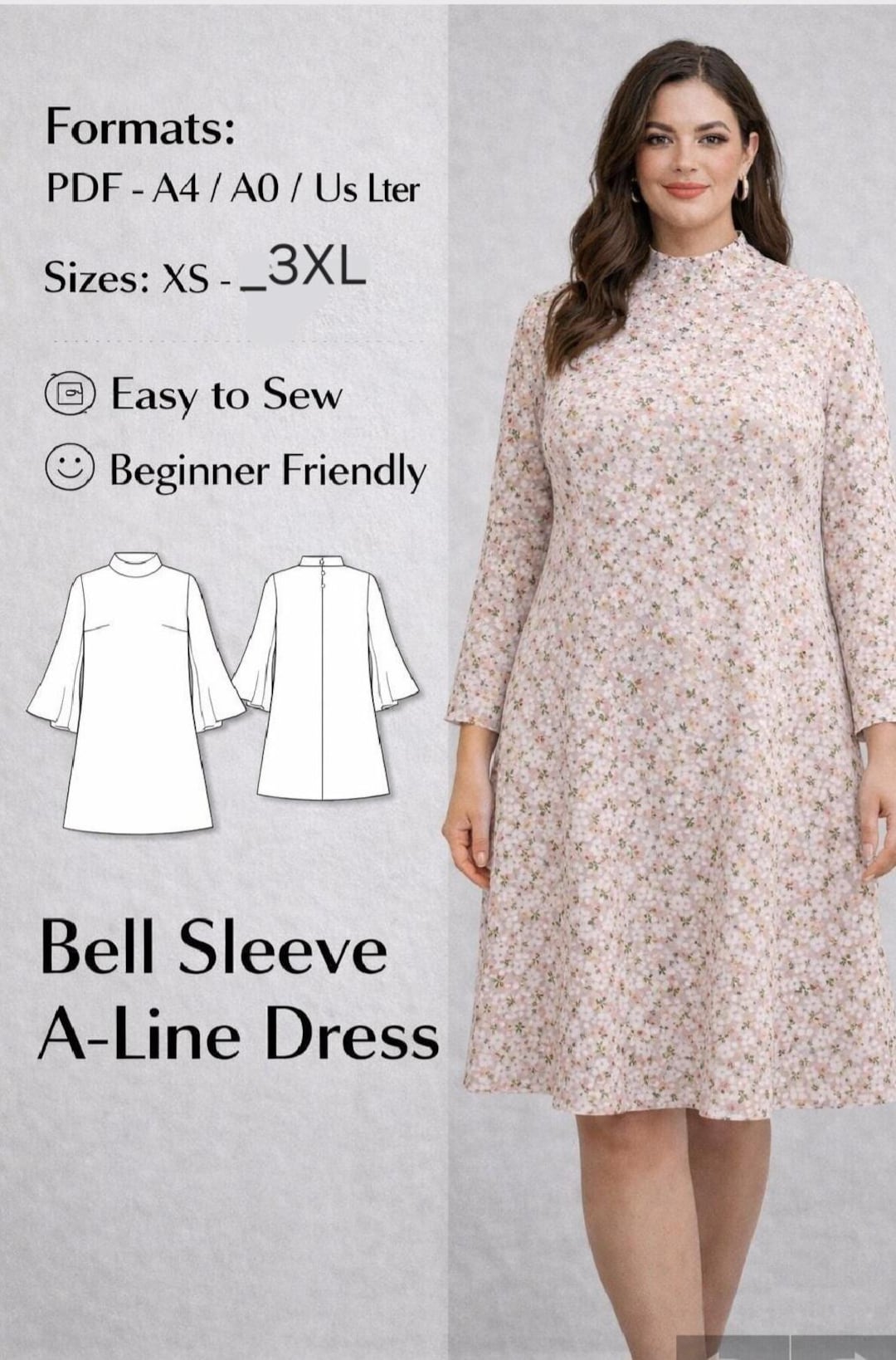A Line Stand Collar Dress PDF Sewing Pattern, Bell Sleeve A Line Dress ...
