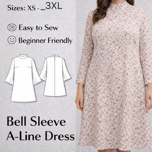 A line Stand Collar Dress PDF Sewing Pattern, Bell Sleeve A Line Dress Pattern, Instant Download Sewing Pattern, Beginners Friendly Pattern
