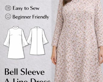 AラインスタンドカラードレスのPDF縫製パターン、ベルスリーブAラインドレスのパターン、すぐにダウンロードできる縫製パターン、初心者に優しいパターン