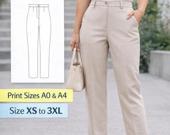 テーパードレディースパンツのPDF型紙、デジタル縫製ズボン型紙、フロントフライジッパーレディースパンツ、フォーマルレディースパンツ型紙、ボトムス型紙