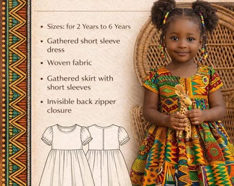 PDF 裁縫パターン 女の子 (2-6)、ギャザー入り半袖ワンピース（織り）、ラウンドネック バックジッパー付き女の子用ドレスパターン、サマードレスパターン、チュニック