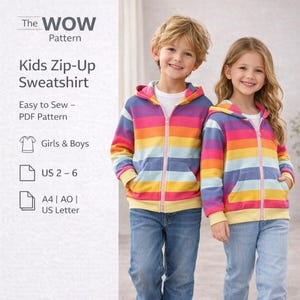 Patrón de costura para niños con bolsillo frontal y cremallera en PDF, sudadera con capucha para niñas y niños, patrón digital de invierno para niños, sudadera con ribete