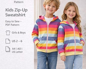 ジッパー付きフロントポケット付きキッズ裁縫パターンPDF、フード付きスウェットシャツガールズ＆ボーイズスウェットシャツ、冬用デジタルパターンキッズ、バインディングスウェットシャツ