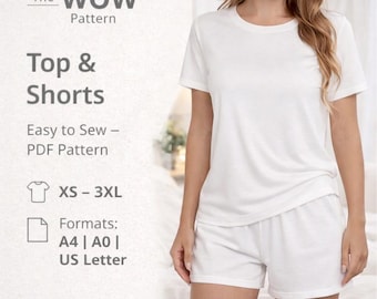 PDF トップス＆ショーツ レディースパターン、快適なトップスと伸縮性のあるショーツの2点セットのデジタルパターン、快適なショーツ付き半袖Tシャツの縫製パターン