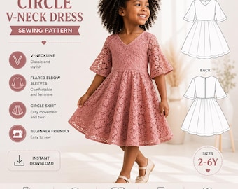 Girls' Circle Dress Sewing Pattern, V Neck Bell Sleeve, Size 2-6 (PDF Pattern)