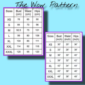 May include: Two size charts with measurements for bust, waist, and hips. One chart uses inches, the other centimeters. The text "The Wow Pattern" is at the top. Sizes range from XS to XXXL.