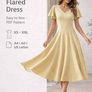 PDF Sewing Pattern Dress Tea Length, Digital Sewing Pattern Flared Dress, Paneled Dress Bell Sleeve, Princess Dress Pattern Woven A4 & A0