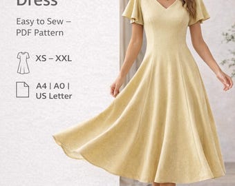 PDF 縫製パターン ドレス ティーレングス、デジタル縫製パターン フレアドレス、パネルドレス ベルスリーブ、プリンセスドレス パターン 織り A4 & A0