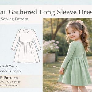 PDF Knit Dress Pattern for Girls, Kids sewing Pattern, Stretchy fabric Dress pattern, Gathered Long Sleeve Dress Girls, Winter Dress Kids
