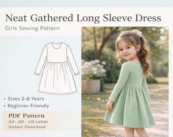 女の子向けPDFニットドレスの型紙、子供用裁縫パターン、伸縮性のある生地のドレスの型紙、ギャザー入り長袖女の子用ドレス、冬用子供用ドレス
