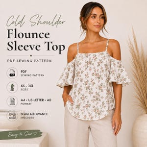 Cold Shoulder Flounce Sleeve Top Sewing Pattern | Women's Woven Cami PDF | Square Neck Blouse | XS-3XL | A4, US Letter & A0