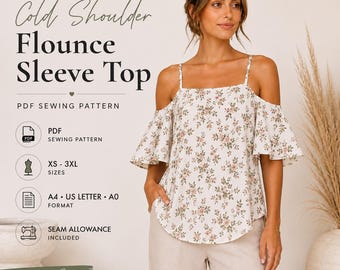 Cold Shoulder Flounce Sleeve Top Sewing Pattern | Women's Woven Cami PDF | Square Neck Blouse | XS-3XL | A4, US Letter & A0