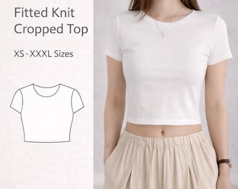 PDFクロップドトップス型紙、レディース半袖トップス型紙、毎日使える夏Tシャツの縫製型紙、PDFトップス型紙ニット生地、TシャツPDF