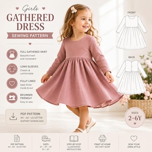 Pode incluir: Um molde de costura para um vestido franzido de menina, apresentando um vestido de manga comprida na cor rosa seco com saia ampla. O molde PDF digital inclui desenhos técnicos da frente e das costas, instruções para tamanhos 2Y-6Y e é compatível com formatos de papel A4, A0 e US letter.