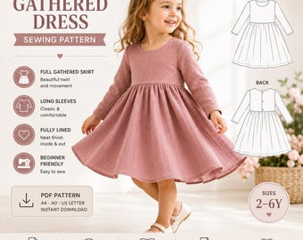 PDF Knit Dress Pattern for Girls, Kids sewing Pattern, Stretchy fabric Dress pattern, Gathered Long Sleeve Dress Girls, Winter Dress Kids