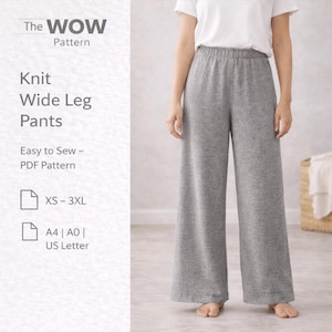 Patrón de costura de punto para pantalones en PDF, patrón de costura digital de pierna ancha para mujer, patrón PDF de cintura elástica, patrón de pantalones palazzo elásticos.