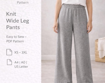 PDFニットソーイングパターンパンツ、ワイドレッグデジタルソーイングパターンレディース、伸縮性ウエストPDFパターン、パラッツォパンツストレッチパンツパターン
