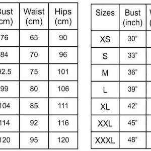 Puede incluir: Tabla de tallas que muestra las medidas de busto, cintura y cadera en pulgadas y cent&iacute;metros para las tallas XS a XXXL.