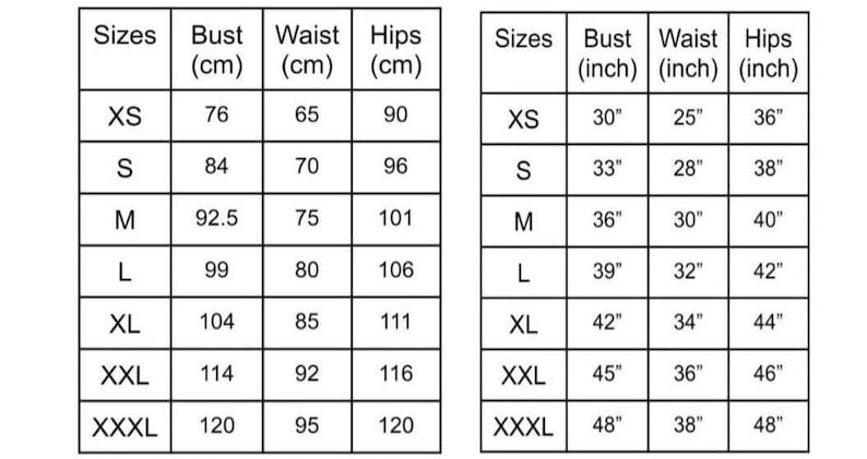 Puede incluir: Tabla de tallas que muestra las medidas de busto, cintura y cadera en pulgadas y cent&iacute;metros para las tallas XS a XXXL.