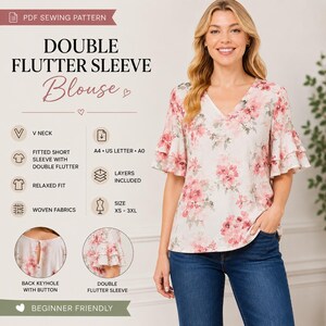 May include: A PDF sewing pattern for a double flutter sleeve blouse with a V-neck and relaxed fit. The blouse features a floral print in shades of pink and green on a light background. Includes details for back keyhole with button and woven fabrics.