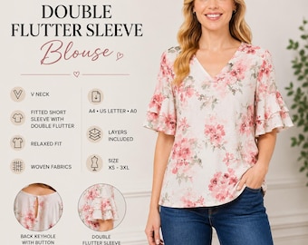 Double Flutter Sleeve Blouse Sewing Pattern PDF, Women's V Neck Top Pattern, Back Keyhole Blouse, Relaxed Fit Woven Top, XS-3XL