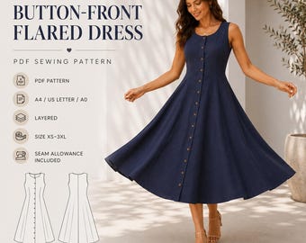 Sleeveless Button-Front Flared Dress Sewing Pattern | Women's Woven Midi Dress PDF | XS–3XL | A4, US Letter & A0, Button Down Dress Pattern