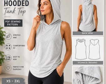 Sleeveless Hooded Tank Top Sewing Pattern PDF, Women's Hoodie Pattern, Knit Tank Top, XS-3XL, A4 US Letter A0, Instant Download
