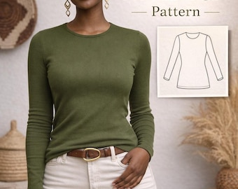 伸縮性のあるニット素材のフィット長袖トップスの縫製パターン（PDFパターン）