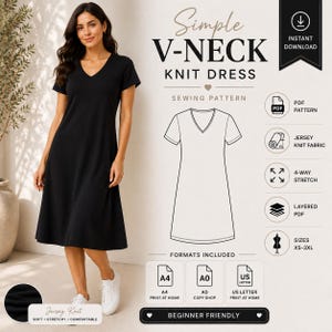Op de afbeelding: Een naaipatroon voor een zwarte gebreide jurk met V-hals, inclusief een lijntekening van het kledingstuk, de tekst Simple V-NECK KNIT DRESS en iconen voor PDF-patroon, jerseystof, 4-way stretch, gelaagde PDF en maten XS-3XL.