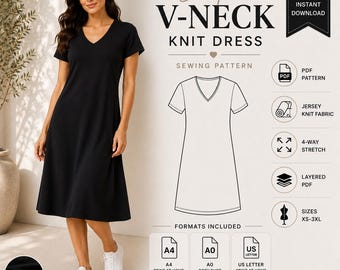Simple V-Neck Knit Dress Sewing Pattern PDF | Women's A-Line Jersey Dress | Short Sleeve | XS-3XL | Instant Download