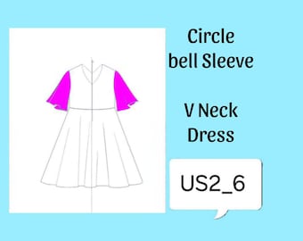 女の子用サークルドレスの縫製パターン、Vネック、ベルスリーブ、サイズ2～6（PDFパターン）