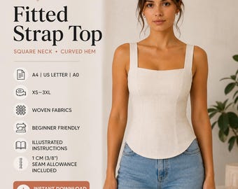 Fitted Strap Top Sewing Pattern PDF | Women's Square Neck Tank Top | Woven Curved Hem Cami | XS-3XL | A4 A0 US Letter