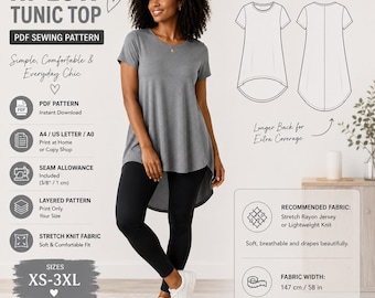 Hi-Low Tunic Top PDF Sewing Pattern | Women's Knit Shirt | Curved Hem | XS-3XL | A4, US Letter & A0 | Instant Download Tee Pattern