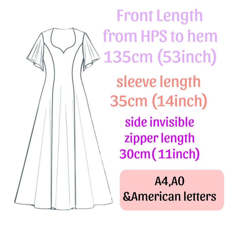 Puede incluir: Dibujo de l&iacute;nea de un vestido con cuello en V, mangas cortas y falda larga. El vestido mide 135 cm de largo, las mangas 35 cm y la cremallera invisible 30 cm. El texto "A4, A0 &American letters" est&aacute; en un cuadro rosa.