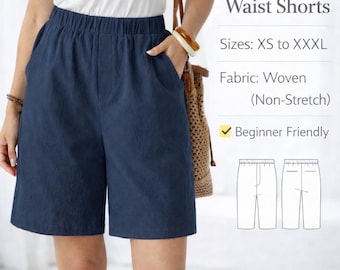 PDF 夏用バミューダショーツの型紙、12月のジッパー付き伸縮性ウエストのレディースショーツの縫製型紙、ショートパンツの型紙、PDF ズボンの型紙